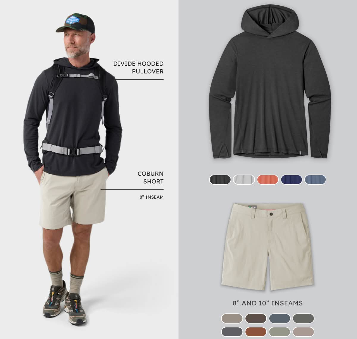 Hike it. Men's Divide Hooded Pullover and Men's Coburn Short.