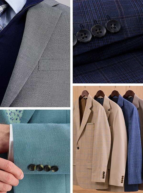 An array of different suits are showcased in a four image grid