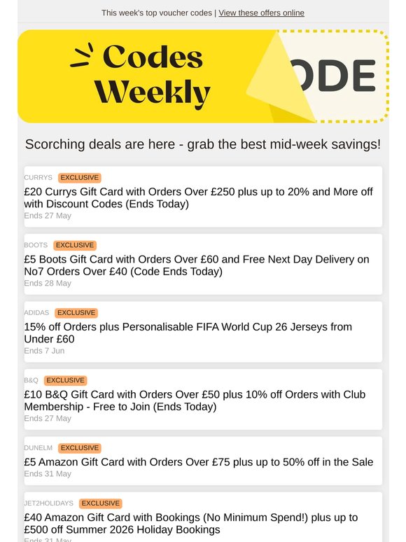 Currys - £20 Gift Card | Boots - £5 Gift Card | adidas - 15% off