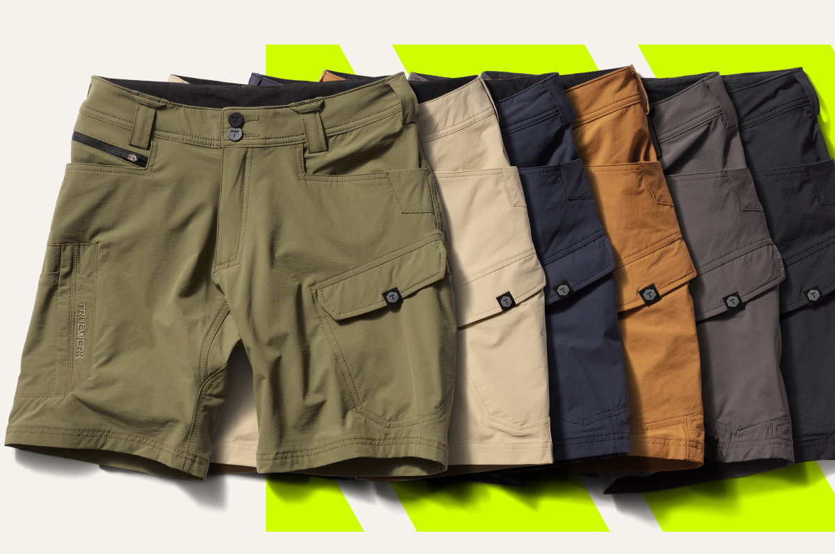 T1 WerkShort featured (left to right) in: Olive, Light Khaki, Navy, Sand, Deep Grey, and Black