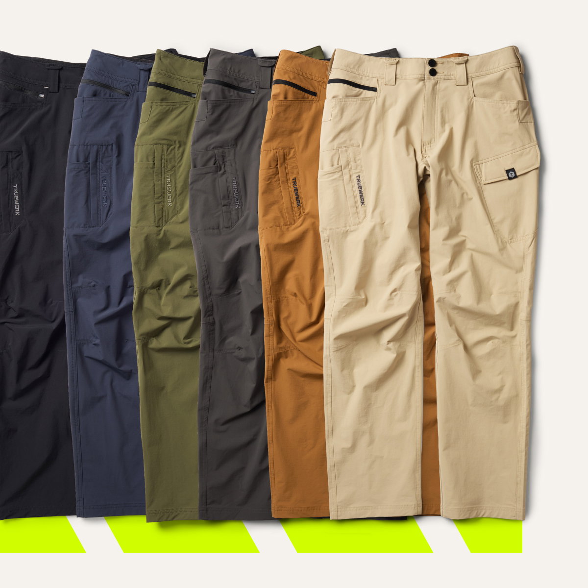 T1 WerkPant featured (right to left) in: Light Khaki, Sand, Deep Grey, Olive, Navy, and Black