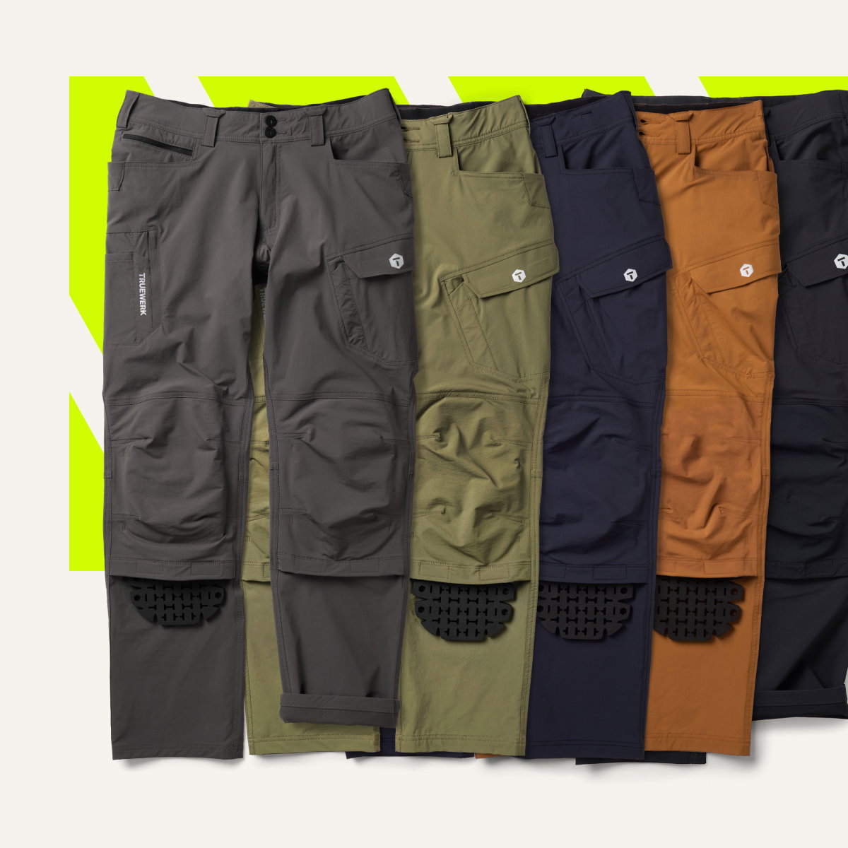 T1 Pro WerkPants featured (left to right) in: Deep Grey, Olive, Navy, Sand, and Black