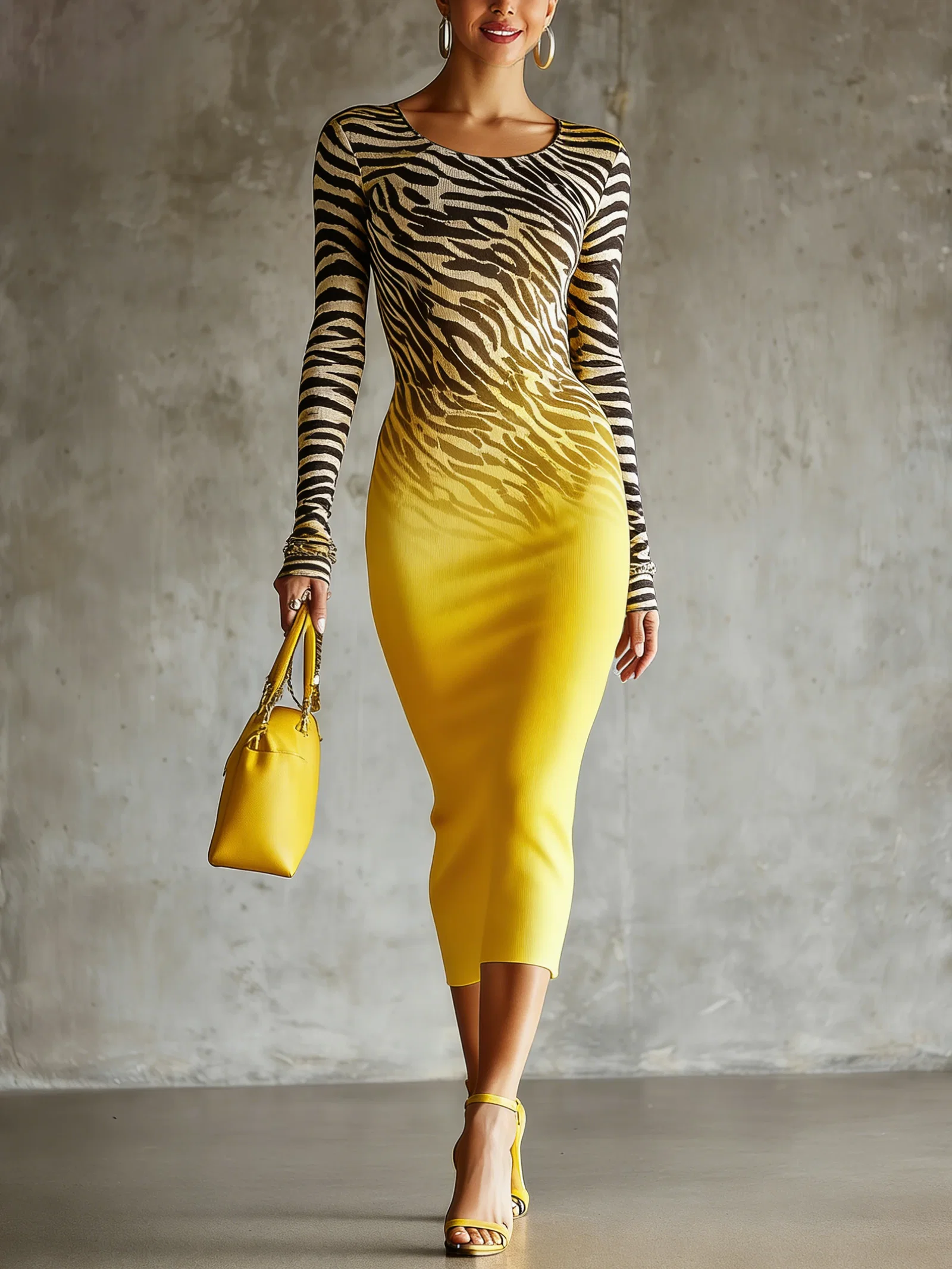 Image of Urban Ombre Printing Crew Neck Midi Dress