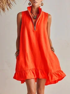 Image of Vacation Plain Zipper Mock Neck Mini Dress