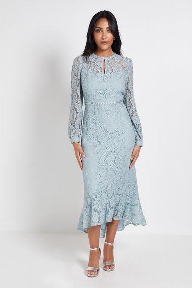Petite Lace High Neck Ruffle Midi Dress