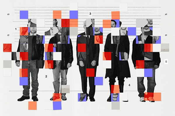 A collage illustration showing a police lineup of five individuals, with overlaid coloured squares that fragment and visually distort the figures.