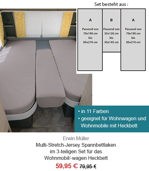 Erwin Müller Multi-Stretch-Jersey Spannbettlaken im 3-teiligen Set für das Wohnmobil/-wagen Heckbett 59,95€! In 11 Farben, geeignet für Wohnwagen und Wohnmobile mit Heckbett. 