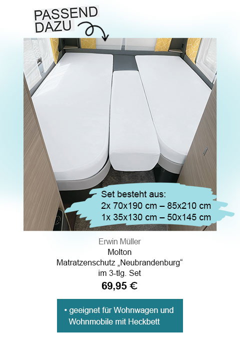 Erwin Müller Molton Matratzenschutz "Neubrandenburg" im 3-tlg. Set 69,95€! Geeignet für Wohnwagen und Wohnmobile mit Heckbett. Set besteht auf: 2x 70x190cm - 85x210cm. 1x 35x130cm - 50x145cm. 