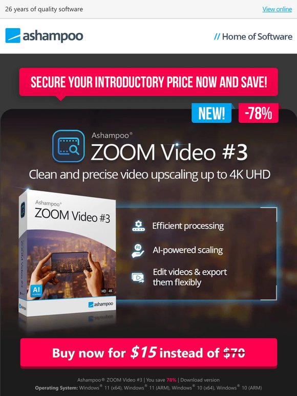 Only a few hours left: Ashampoo ZOOM Video #3 - AI-powered video upscaling up to 4K UHD quality