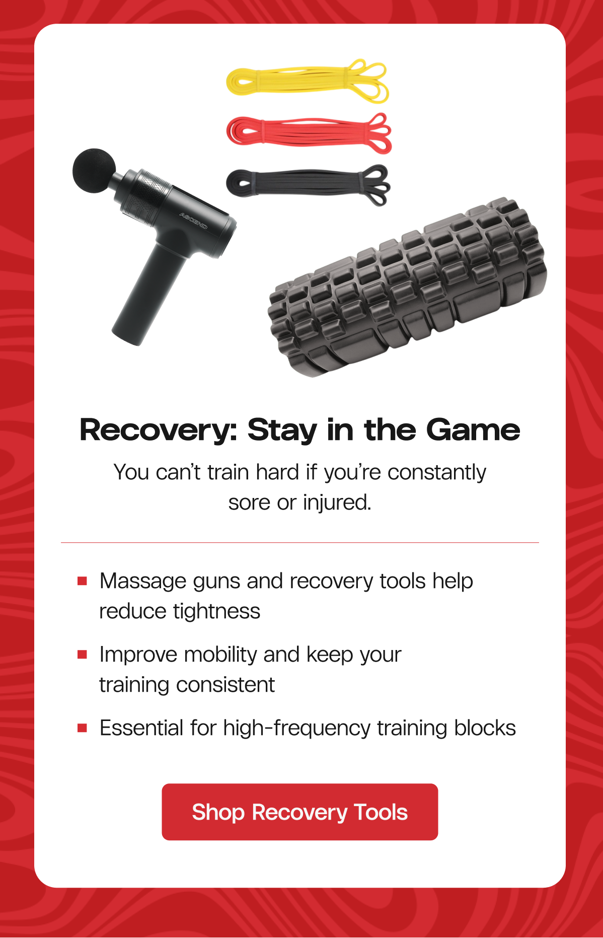 Recovery: Stay in the Game You can’t train hard if you’re constantly sore or injured. Massage guns and recovery tools help reduce tightness Improve mobility and keep your training consistent Essential for high-frequency training blocks