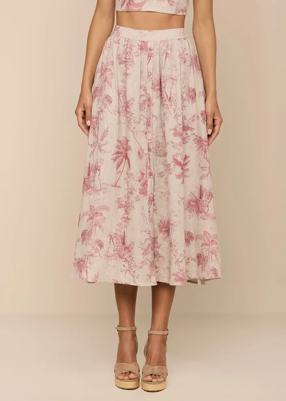 Image of  Seina Linen Midi Skirt - Tan Multi Textured Jungle Toile
