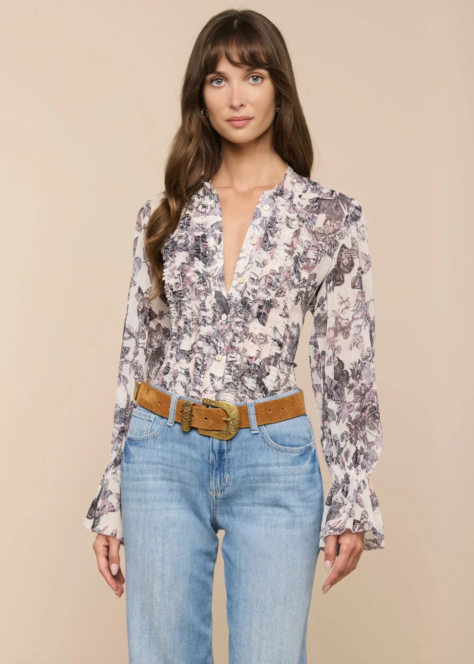 Image of Eunice Blouse - Vintage White Watercolor Butterfly