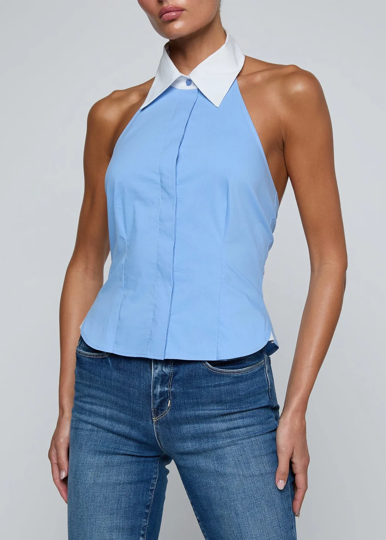 Image of Rina Poplin Halter Top - Vista Blue/White