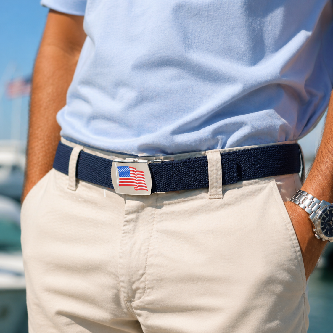 Man wearing Cotton Adjustable Belt with U.S.A. Flag Buckle