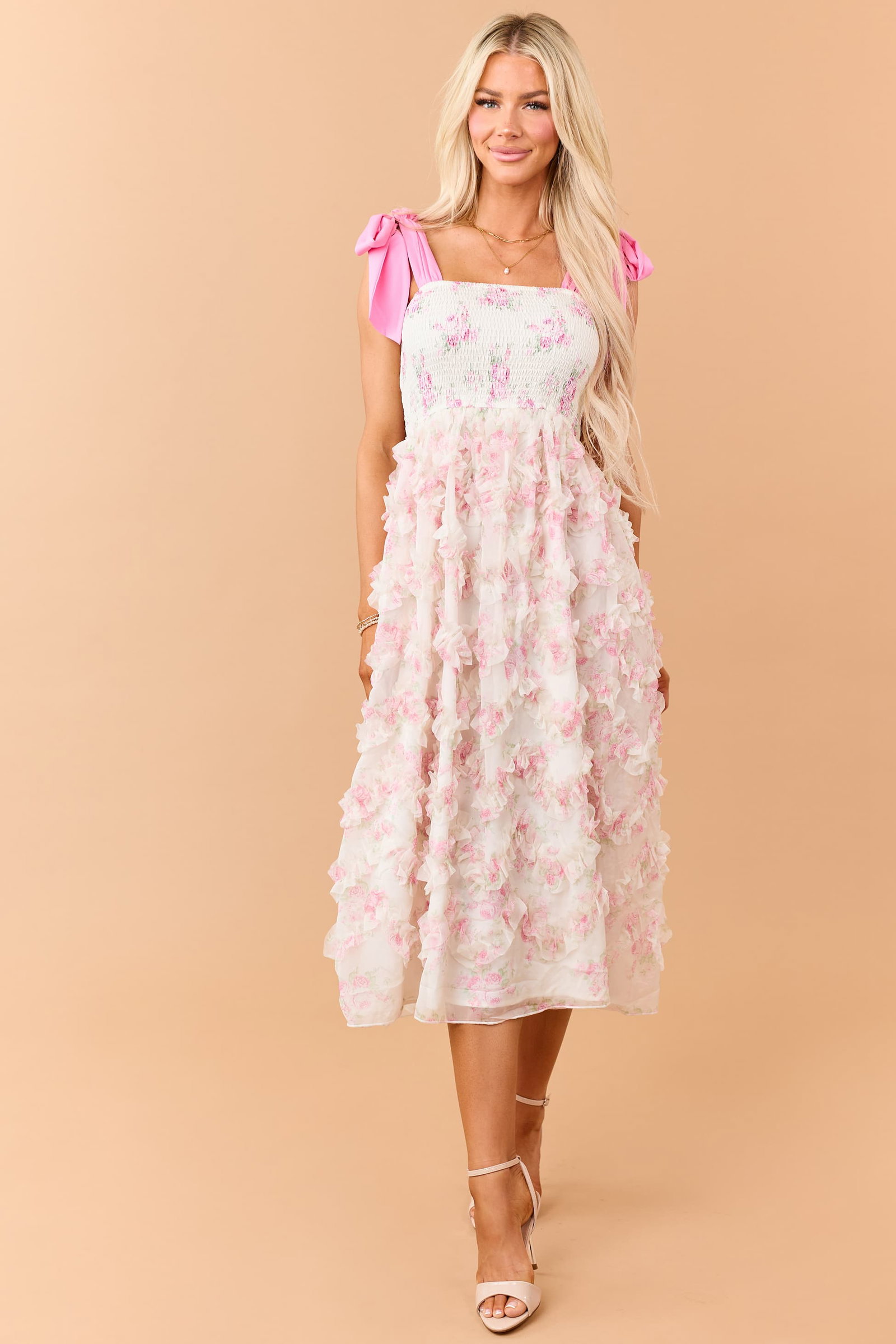 Cream Floral Smocked Bodice Ruffle Skirt Midi Dress