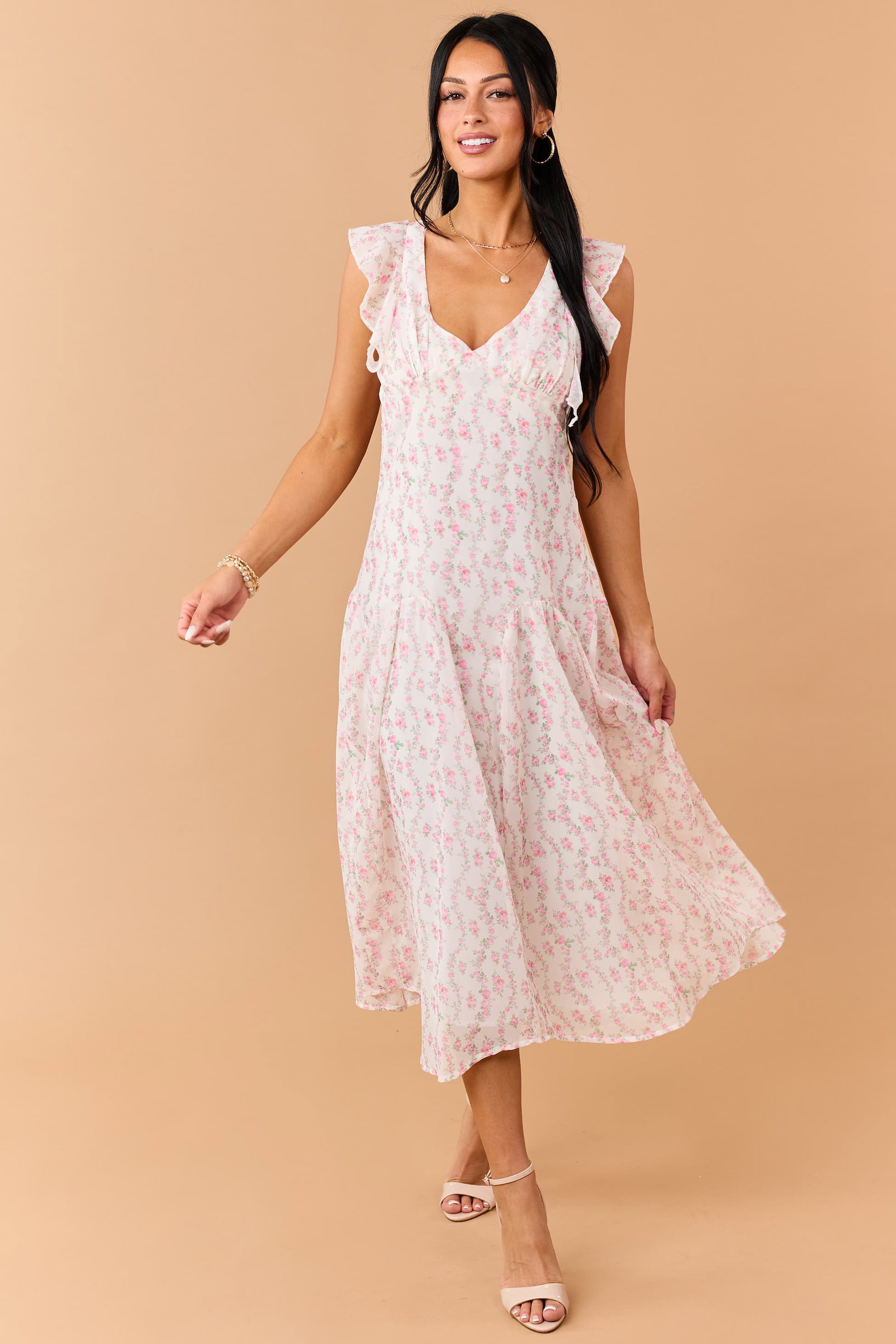 Ivory Floral Print V Neck Flutter Sleeve Midi Dress