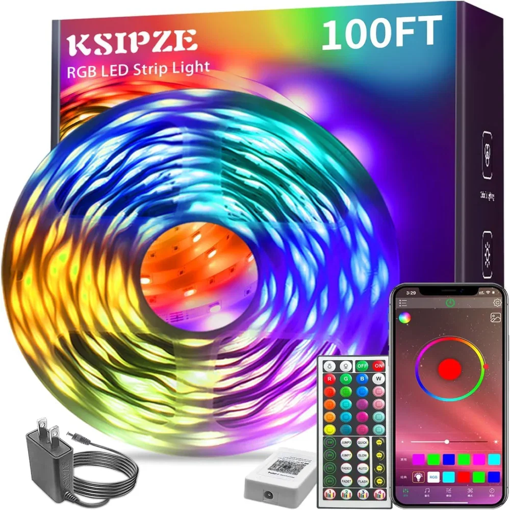 100ft RGB LED Strip Lights – Music Sync Use – Color Changing with Smart App & Remote Control – Flexible Home Décor & Bedroom Lighting