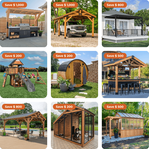 Grid of Backyard Discovery products including Outdoor Kitchens, Carports, Pergolas, Swing Sets, Saunas, Bars, Gazebos, Animal Enclosures, Greenhouses and more all on sale