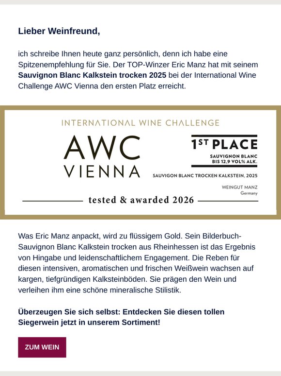 Top-Empfehlung: 1st Place Sauvignon Blanc von Manz!