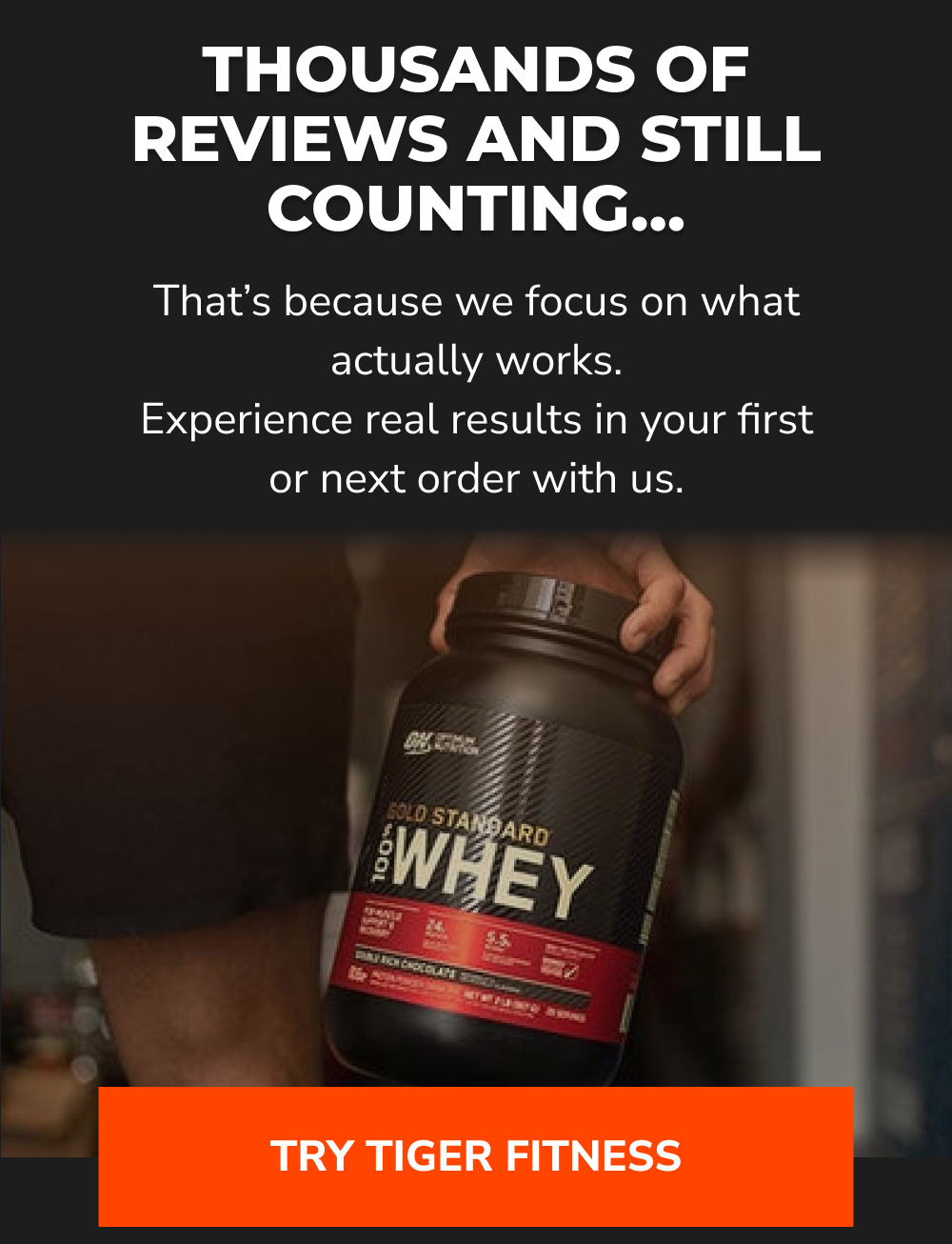 Container of protein powder with text about reviews and results.