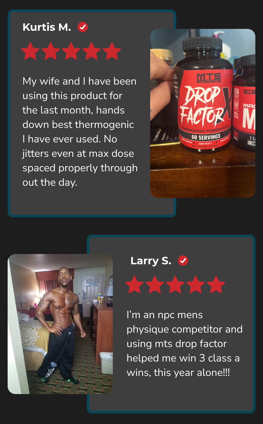 Customer reviews for a thermogenic product with images of the product and a competitor.