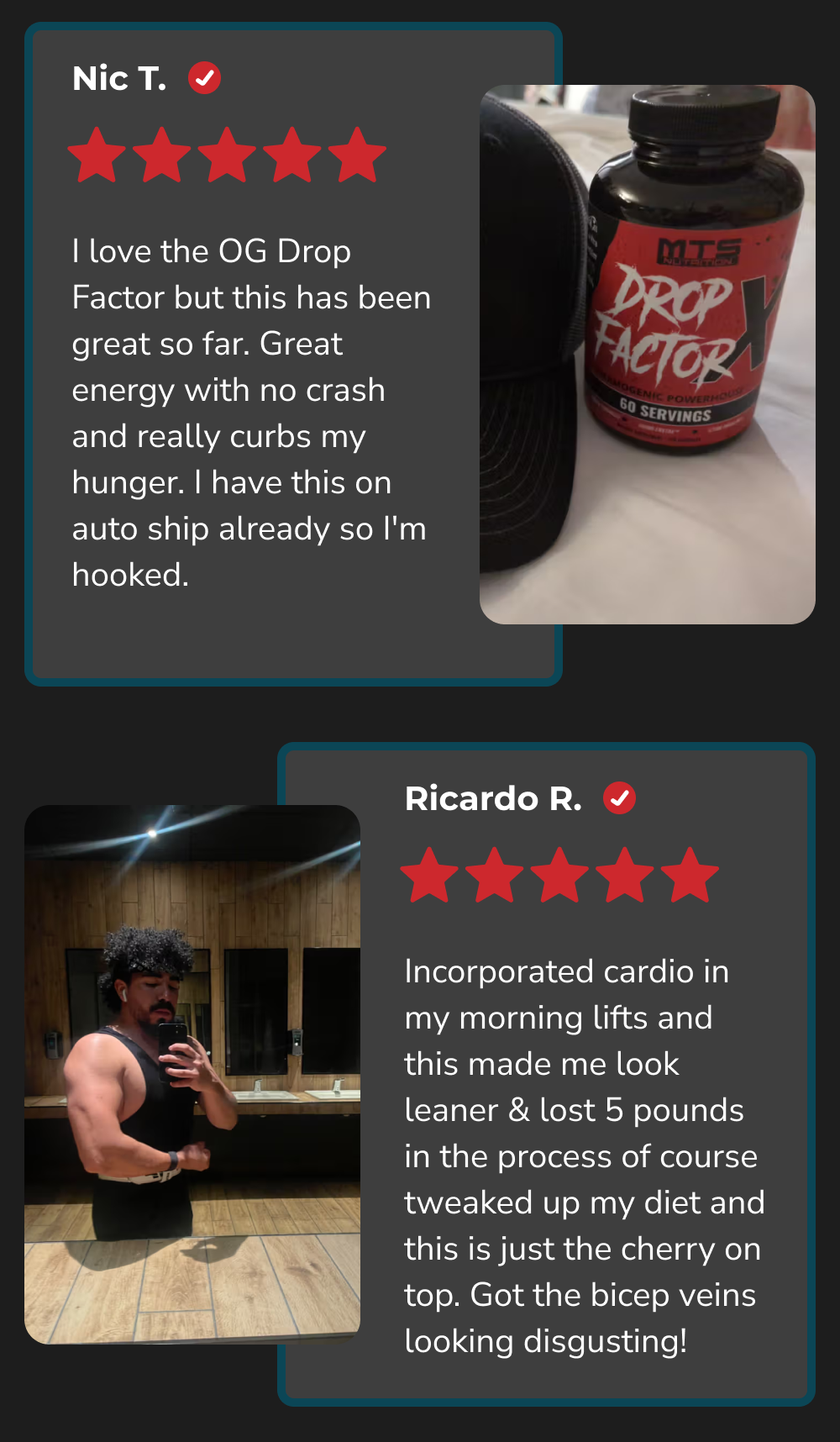 Testimonials about the OG Drop Factor supplement with user photos and ratings.