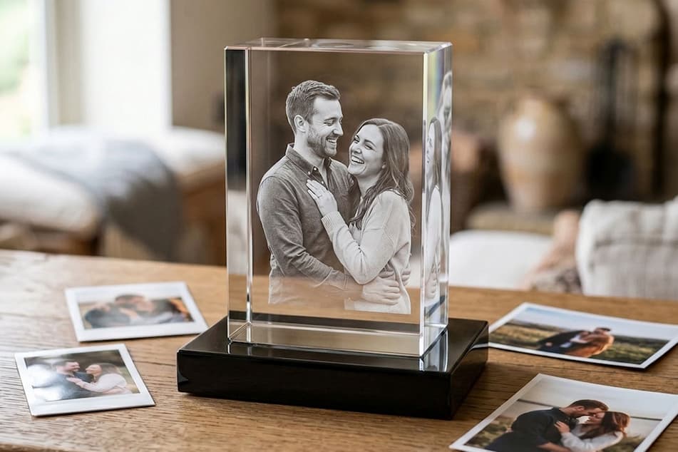 A 3D crystal next to canvas, metal print, and photo book of the same photo