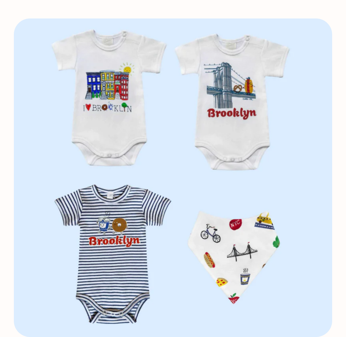 Brooklyn Baby Bodysuits & Bib Set - full bundle featuring three organic bodysuits and NYC print bib