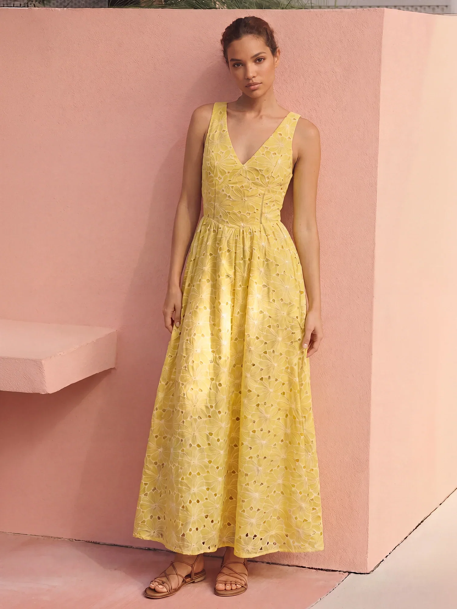Image of Sleeveless V Neck Eyelet Fit And Flare Maxi Dress