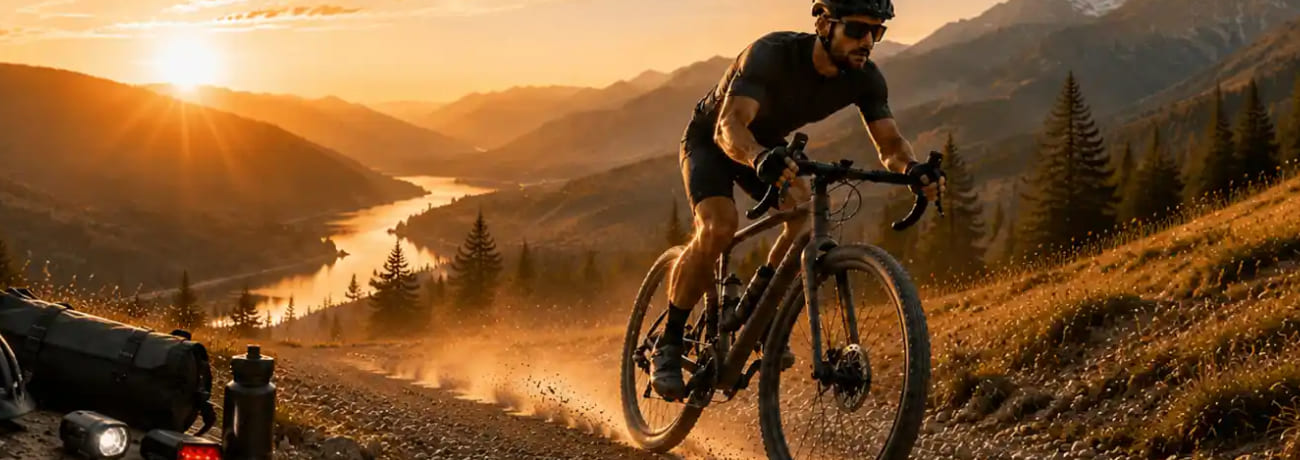 Ein Radfahrer, der auf einem Gravel-Bike durch eine wunderschöne Landschaft fährt