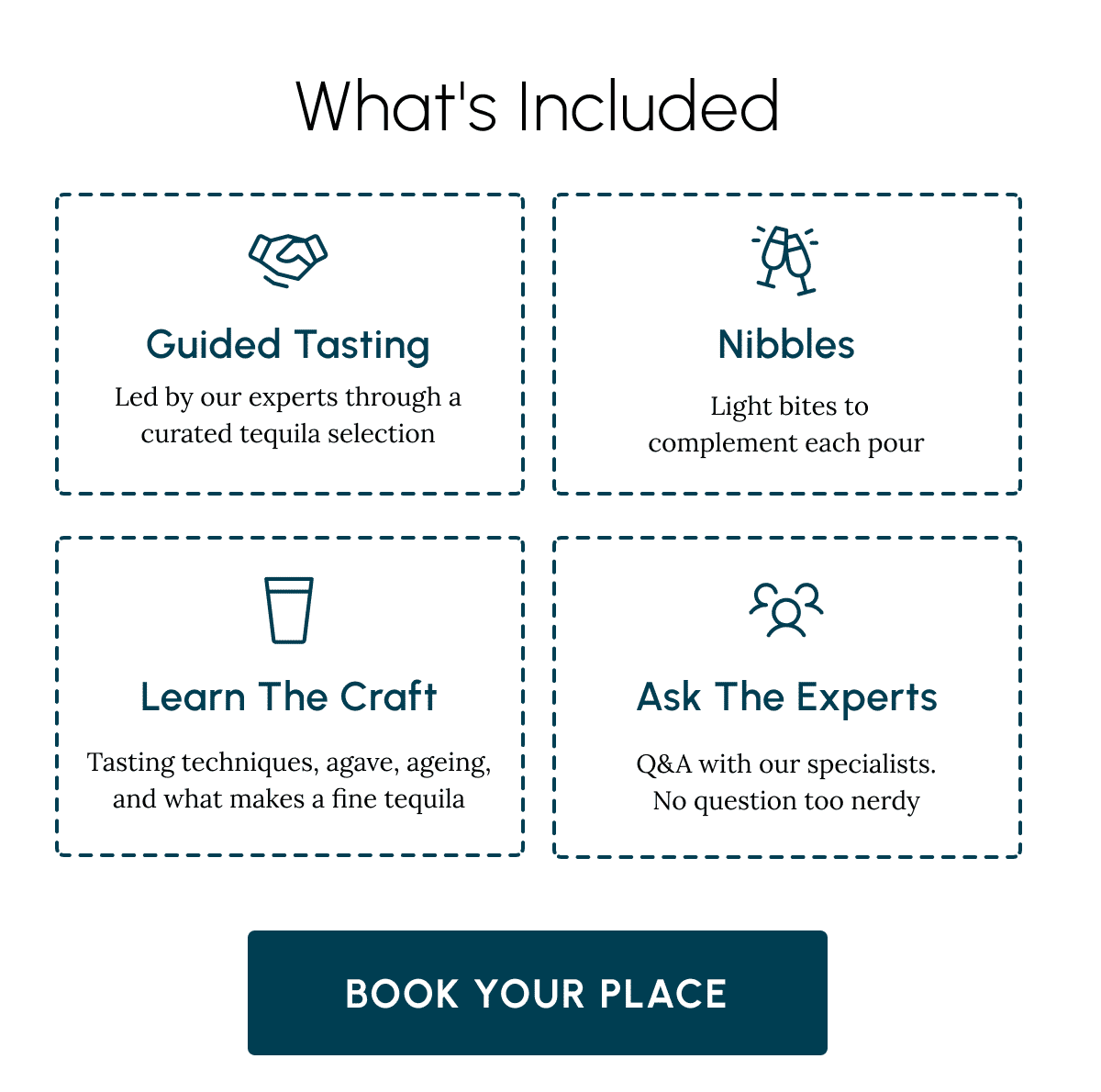 What's Included Guided Tasting Nibbles Led by our experts through a curated tequila selection  Light bites to complement each pour Learn the Craft Ask the Experts Tasting techniques, agave, ageing, and what makes a fine tequila Q&A with our specialists. No question too nerdy Book Your Place