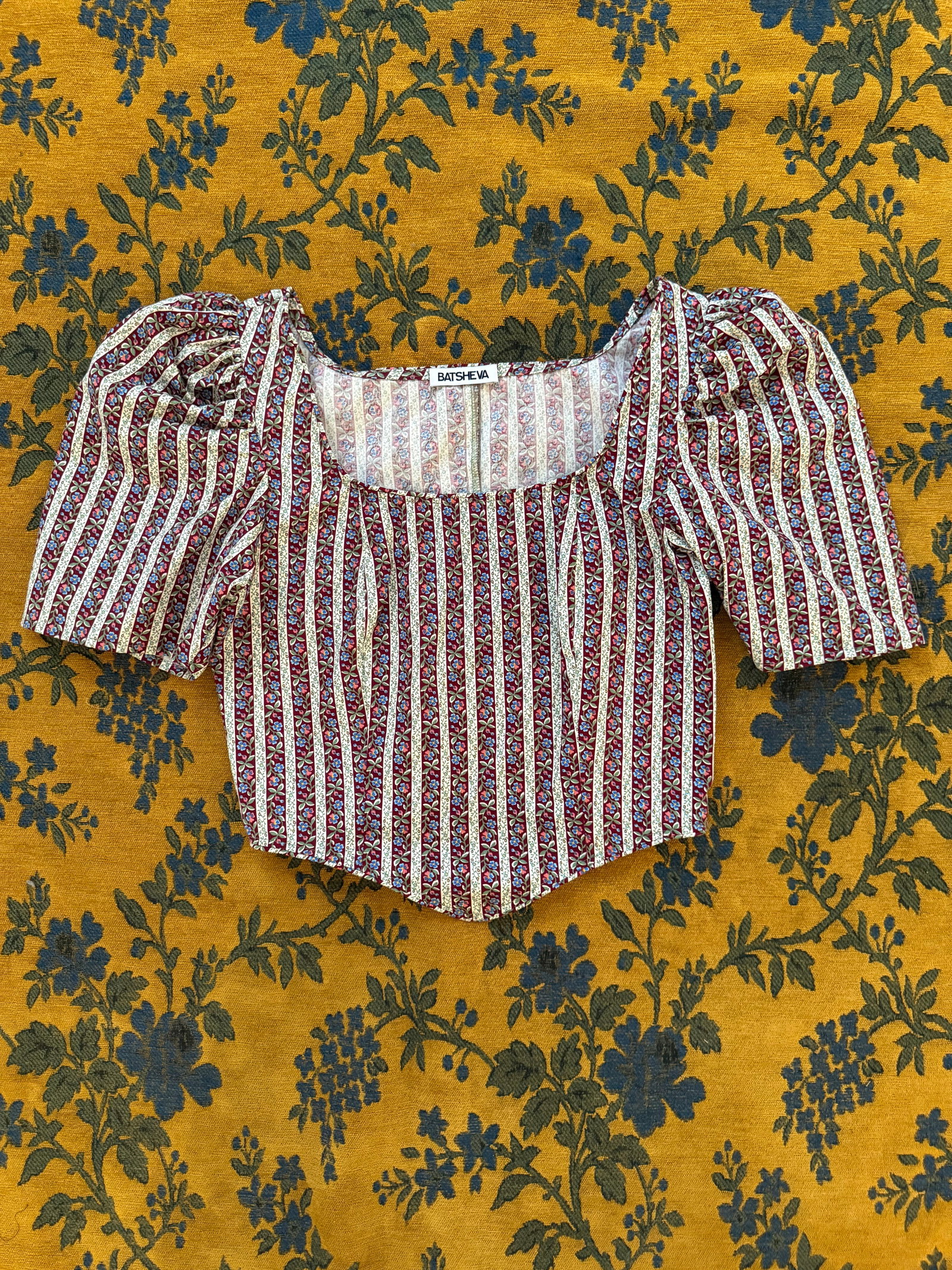 Image of Dirndl Top in Vintage Burgundy Floral Stripe