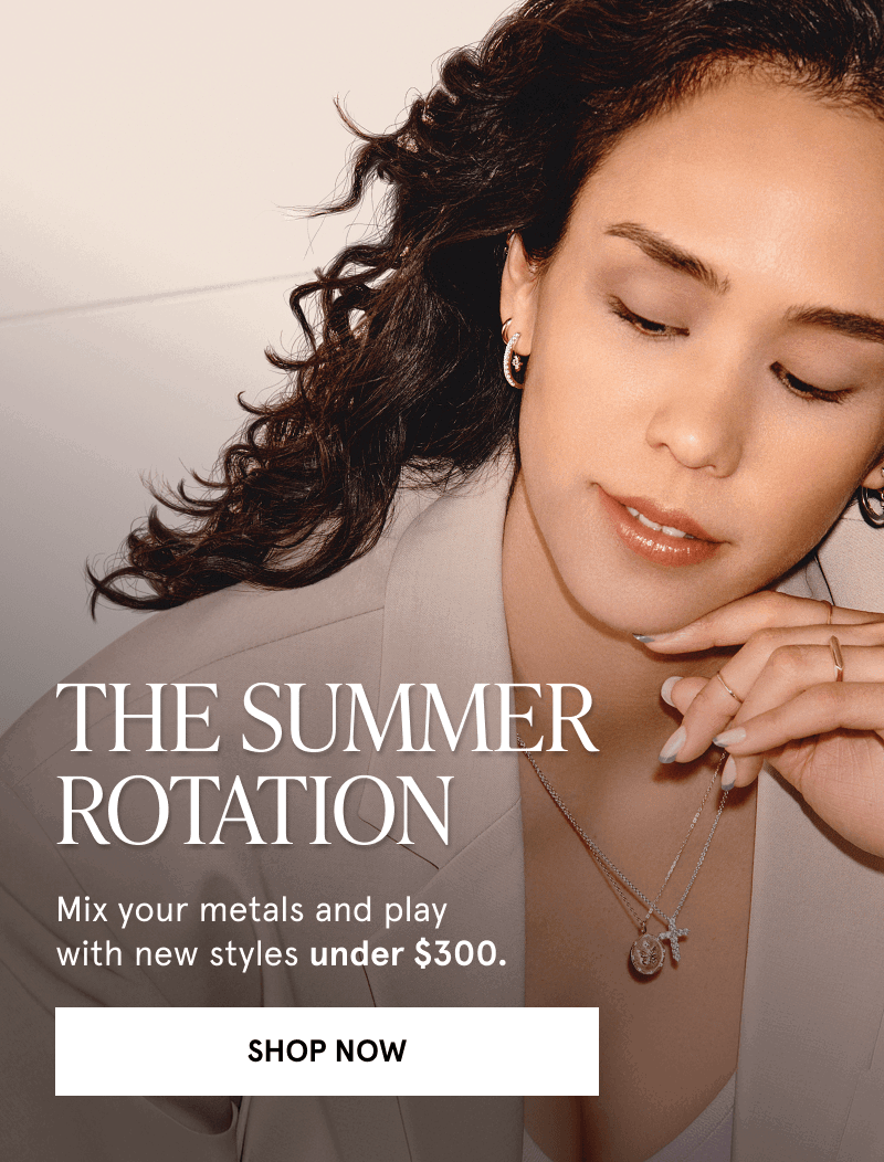 Model in diamond hoops, cross & coin pendant chains. Summer rotation. Mix metals & play, under $300. Click here to shop now