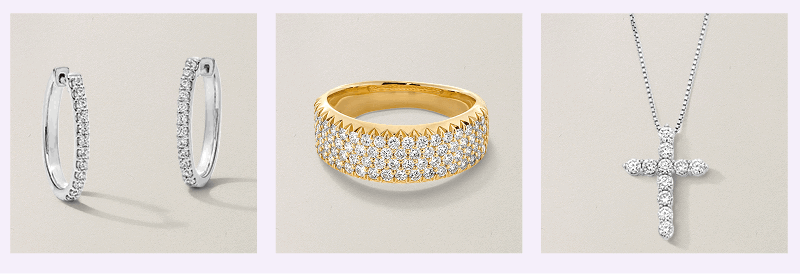 Silver-diamond hoops, gold ring with multiple rows of diamonds & silver-diamond cross pendant on box chain.