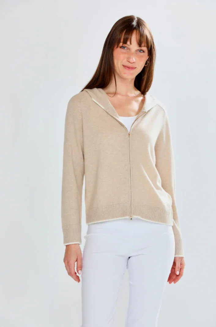 Image of The Zipper Front Tipped Cardigan in Sand/Ivory