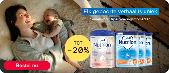 Nutrilon babyvoeding tot -20% voor elke groeifase, knop “Bestel nu”.