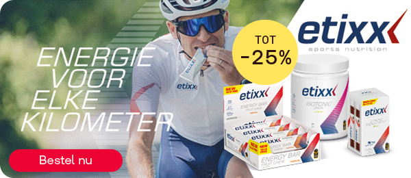 Etixx sportvoeding tot -25% voor energie en prestaties, knop “Bestel nu”.