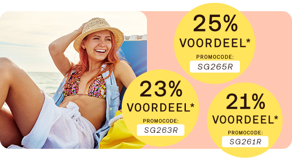 Kortingen van 21%, 23% en 25% met promocodes SG261R, SG263R en SG265R, knop “Bestel nu”.