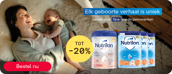 Nutrilon babyvoeding tot -20% voor elke groeifase, knop “Bestel nu”.