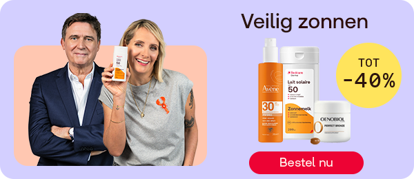 Zonneproducten tot -40% voor veilige zonbescherming, knop “Bestel nu”.