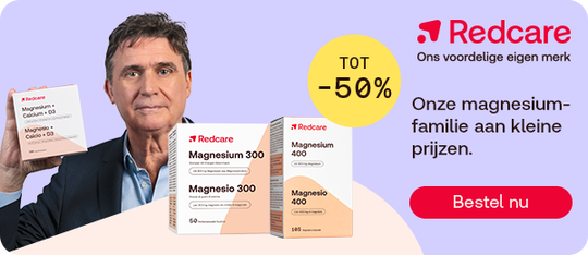 Redcare magnesium supplementen tot -50%, knop “Bestel nu”.
