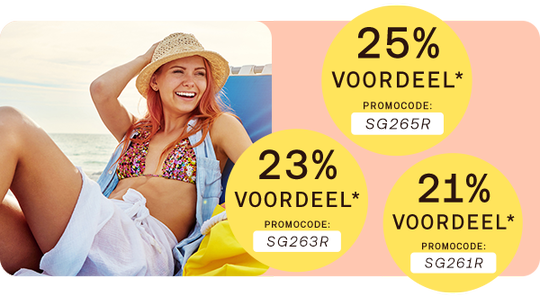 Kortingen van 21%, 23% en 25% met promocodes SG261R, SG263R en SG265R, knop “Bestel nu”.