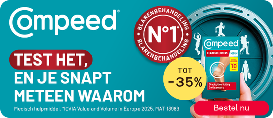Compeed blarenpleisters tot -35% voor snelle verlichting, knop “Bestel nu”.