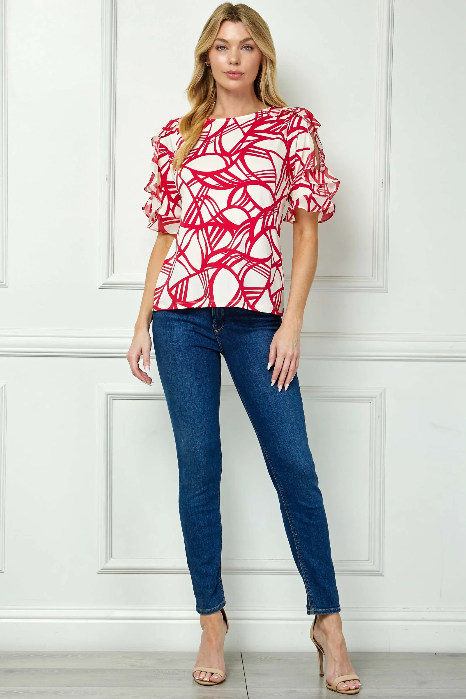 Image of Ruffle Cold Shoulder Boat Neck Blouse in Cream/Red