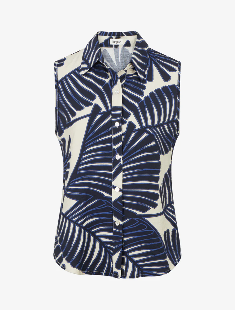 Chemise sans manches imprimé feuille de palmier - Marine Prix normal