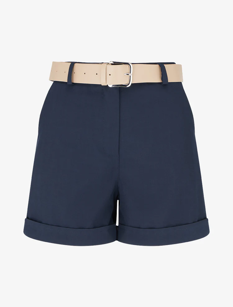 Short ceinturé uni à ourlet - Marine