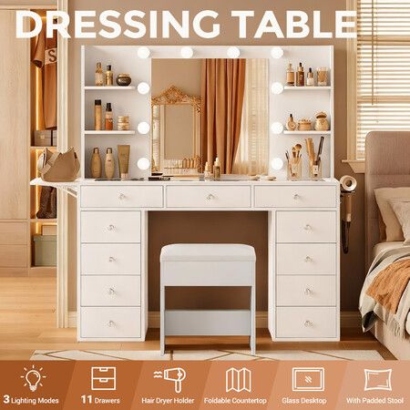 Luxury Makeup Vanity Table Hollywood Mirror Bedroom Dressing Desk Stool Set 10 LED Light 11 Drawers 4 Shelves Folding Storage Panel Dryer Holder White