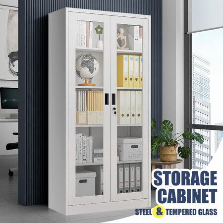 Steel Office Cabinet Filing Storage Shelf Lockable Tempered Glass Door Display Cupboard Rack Garage 185x90x40cm