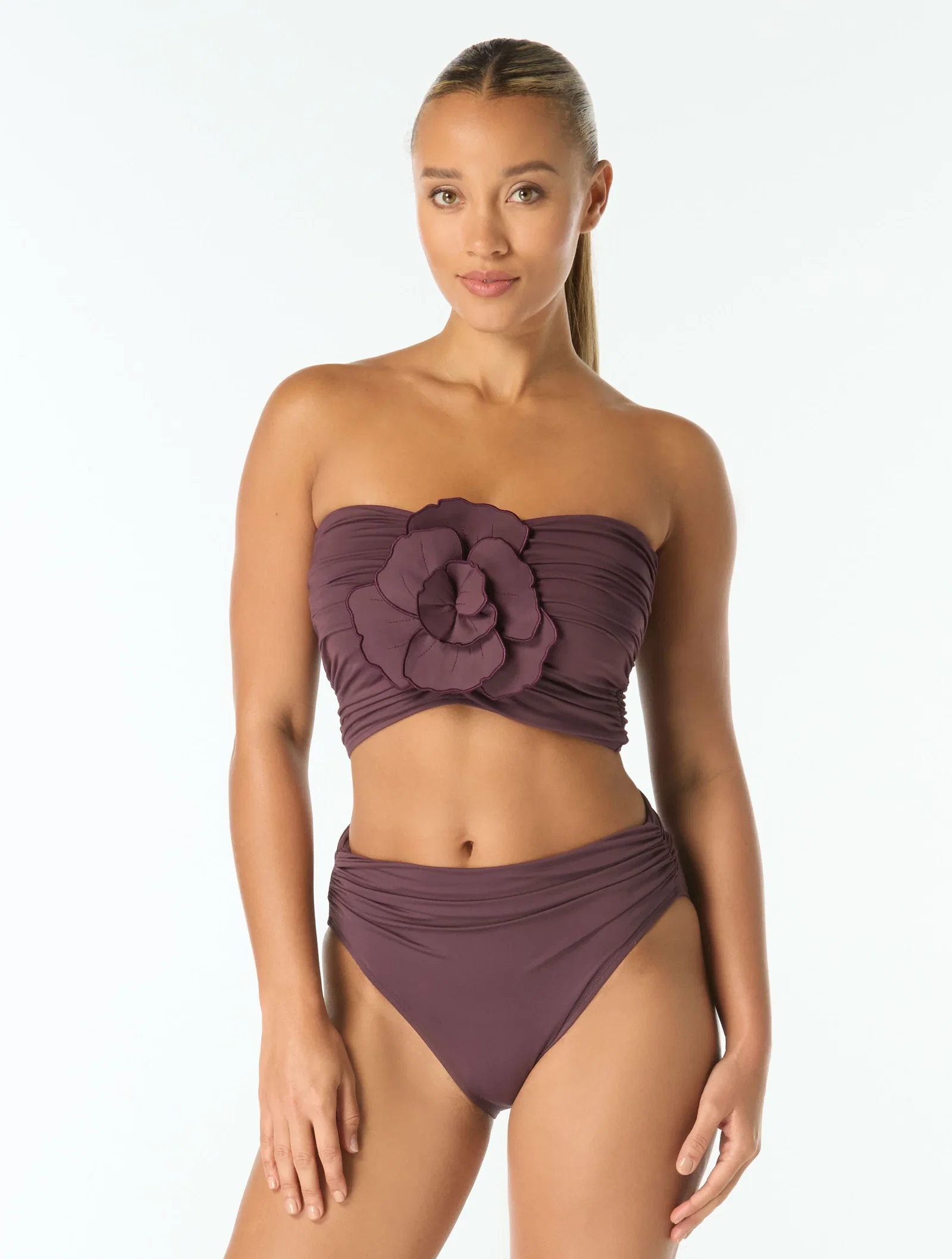Image of Carmen Marc Valvo Flower Applique Bandeau Crop Top - Solids