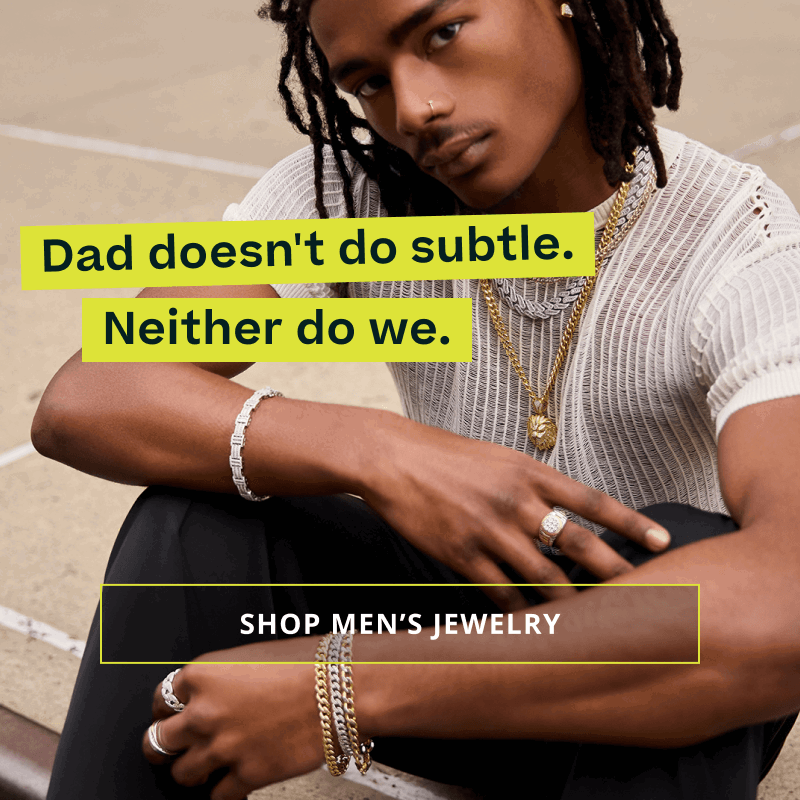 Male wearing layered mixed metal chains with pendant & rings. Dad doesn’t do subtle.  Click here to shop men’s jewelry